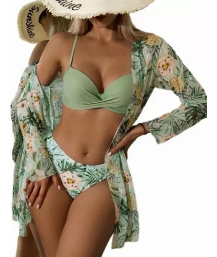 Conjunto De Pareo Playa De Kimono + Bikini Floral Para Mujer