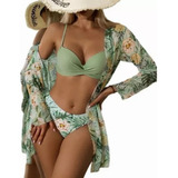 Conjunto De Pareo Playa De Kimono + Bikini Floral Para Mujer