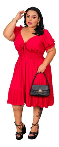 Vestido Mid Plus Size Feminino Viscolinho Pipoca Forrado