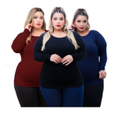 Kit 3 Camisetas Femininas Plus Size Malha Fria Manga Longa