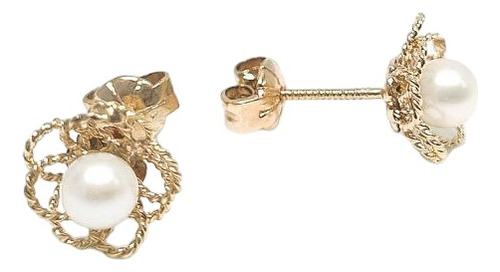 Aros Apegados De Oro 18 K Flor Con Perla 1,5 Gr