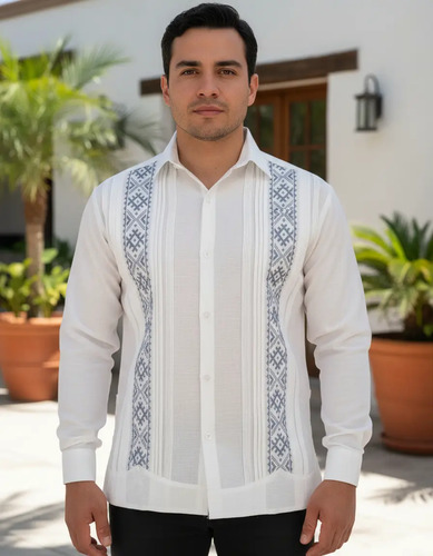 Guayabera Yucateca Grecas Manga Larga(bordado Azul Petróleo) | Meses sin interés