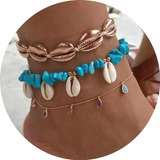 Tobilleras Cadena Set Tobillo Mostacillas Pulsera Celeste