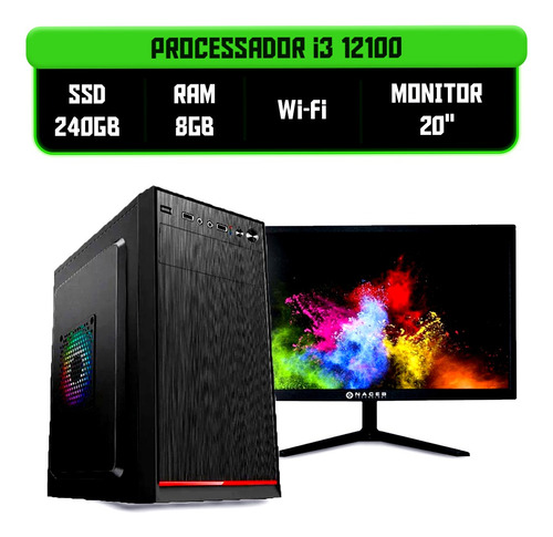 Computador Completo I3 12100 Ram 8gb Ssd 240gb Monitor 20 