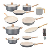 Set Hudson Gris Gray 15pz Jarro Bifera Panq Wok Olla Sarten