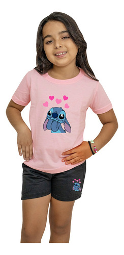 Conjunto Infantil Stitch Coração Camiseta E Bermuda Feminina