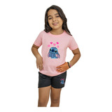 Conjunto Infantil Stitch Coração Camiseta E Bermuda Feminina