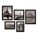 Kit Com 5 Quadros Decorativos - França Mundo Sala 278 Cor Moldura Preta