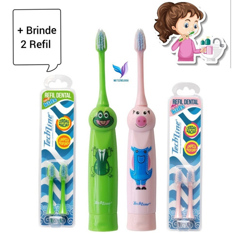 Escova Dental Eletrica Kids Rosa Ou Verde Techline 