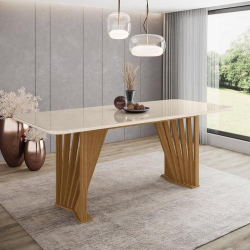 Mesa De Jantar 8 Lugares 200cm Tampo Mdf Com Vidro Canto