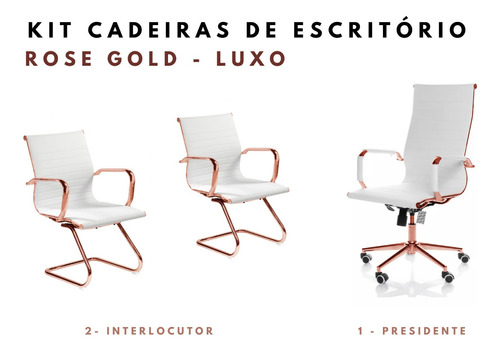 Kit 3 Cadeiras De Escritório Eames Branca - Rose Gold