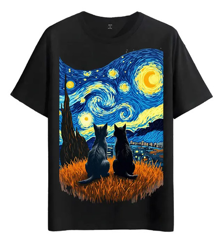 Tshirt Muscle Freaks Noche Estrellada Estilo Van Gogh Gatos
