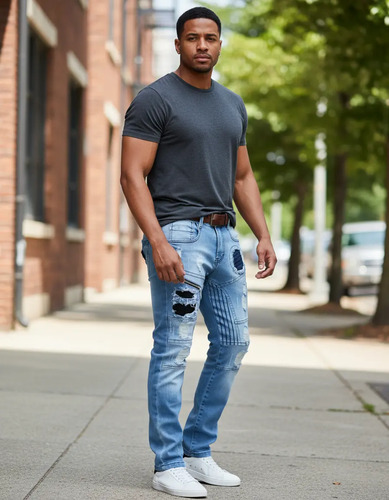 Pantalon De Hombre Urbano Skinny Roto Con Aplicaciones 38903