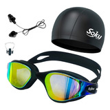 Kit Natación Profesional Lentes Gafas Gorra Color Negro Soku Classic Pro