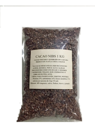 Cacao Nibs 1 Kg Organico Premium, Vegano, Sin Gluten, Keto