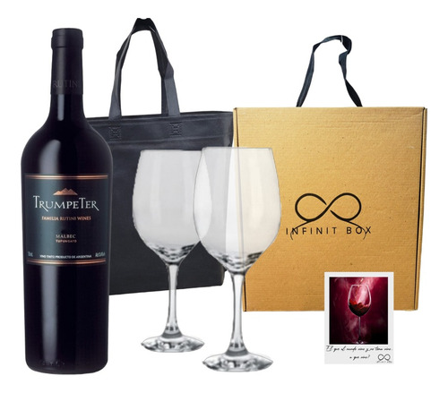 Box Regalo Empresarial Vino Trumpeter Malbec +2 Copas Vidrio