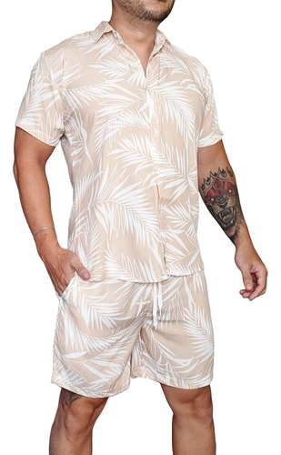 Conjunto Camisa E Short Masculino Floral Estampado Promoção