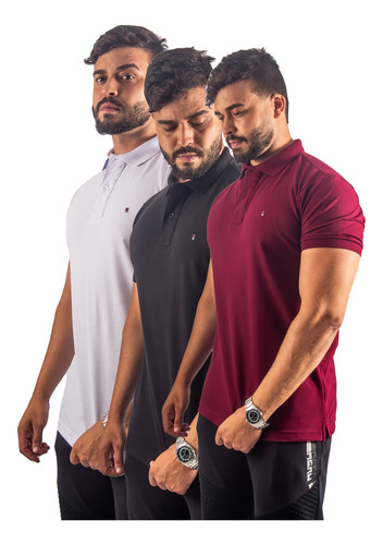Kit Camiseta Gola Polo Bordada Piquet Masculina Abertura L.