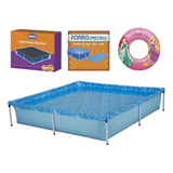 Kit Piscina Quadrada 1500l + Capa, Forro Mor + Boia Inflável