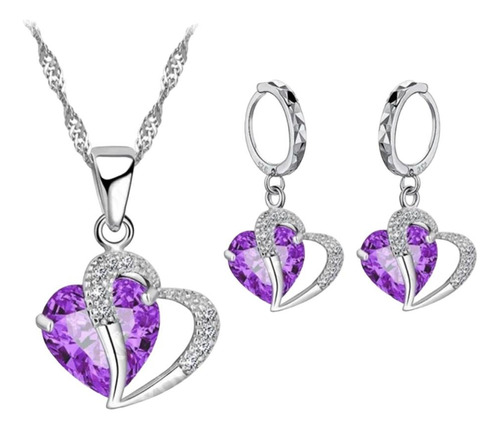 Juego Collar Y Aretes Plata Corazón Morado + Cajita Regalo