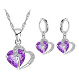 Juego Collar Y Aretes Plata Corazón Morado + Cajita Regalo