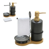 Conjunto Para Lavabo 4 Pecas Preto Com Tampa Dourada 20cm