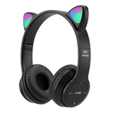 Auriculares Inalámbricos Recargable Negro Orejas Gato Led