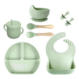 Kit 8 Alimentação Bebê Silicone Prato Babador Copo Tigela