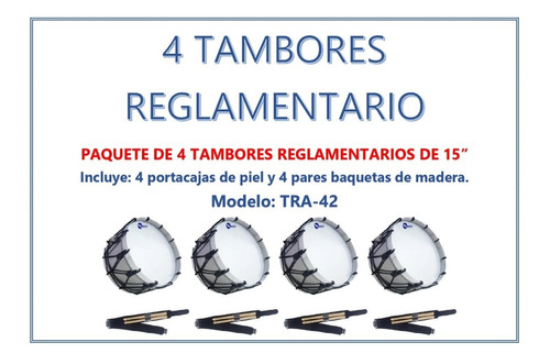 4 Tambores Reglamentarios Aros De Aluminio Piola Negra 