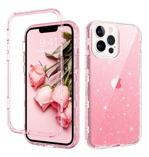 Funda Para iPhone 13 Pro Max 6.7 Transparente Brillos Rosa