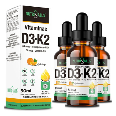 Kit 3 - Vitaminas D3 2000 Ui + K2 - Mk7 60 Mcg Por Dose - Rápida Absorção 300 Doses Nutri Salus 30ml Sabor Laranja | Parcelamento sem juros