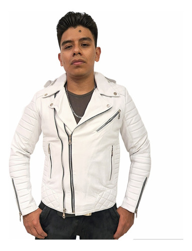 Chamarra Biker Piel Para Hombre Blanca Rockera Doble Cierre