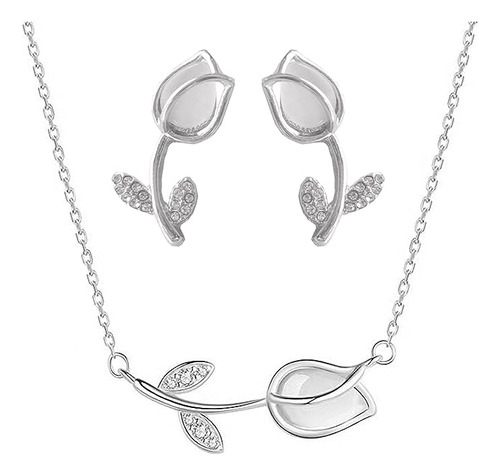 Collar Y Aretes De Flor Tulipan Chapado En Plata 925 Mujer Dama Regalo Aniversario Esposa Novia Amiga Hermana Joyería Flores- Incluye Caja De Regalo