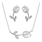 Collar Y Aretes De Flor Tulipan Chapado En Plata 925 Mujer Dama Regalo Aniversario Esposa Novia Amiga Hermana Joyería Flores- Incluye Caja De Regalo