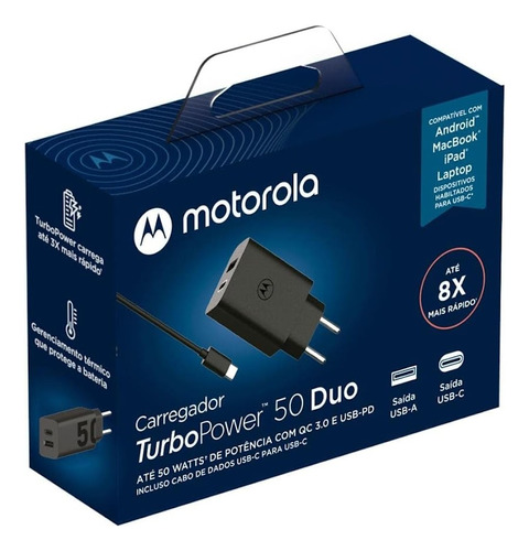 Carregador Turbo Power 50w Duo Motorola Porta Usb-c E Usb-a