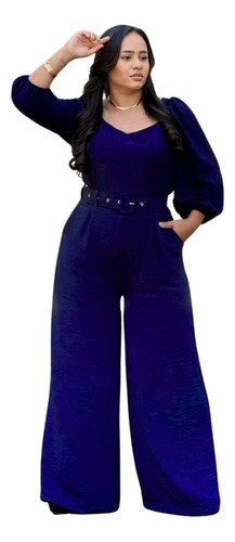 Macacão Feminino Plus Size Pantalona Com Cinto Encapado Luxo