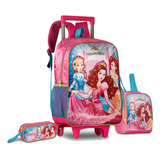 Kit Mochila Escolar Rodinhas Fofa Princesas Meninas Brilho