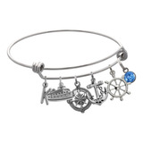 Pulsera Viajero Marinero Dije Ancla Timón Brújula Letra Moda