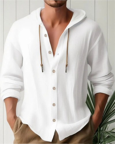 Camisa Casual De Manga Larga Con Capucha Y Cordón De Color L