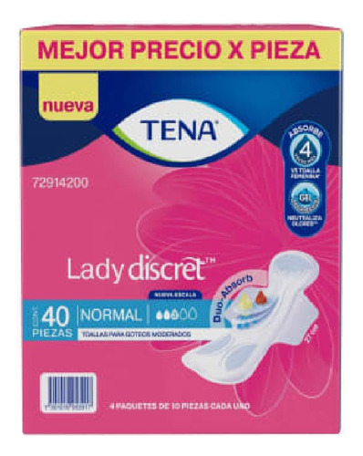 Toallas Incontinencia Ligera Tena Lady Discret Normal 40 Pzs