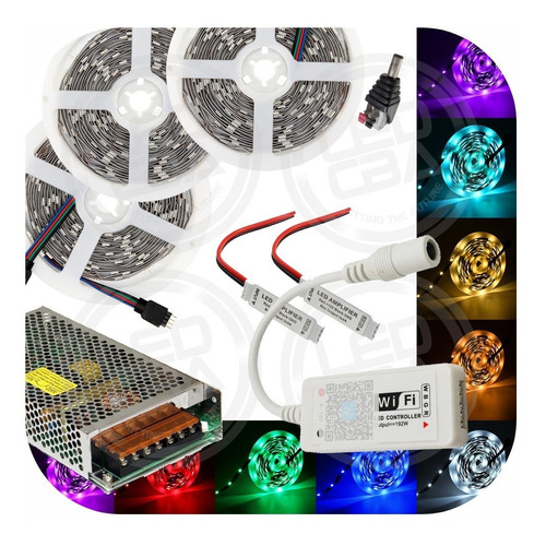 Kit Rgb 15 Mts + Fuente + Controlador Wifi + Amplificadores