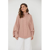 Poncho De Tricot Feminino Ralm De Tranças E Gola- Rosa Claro