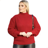 Blusa De Lã Gola Alta Plus Size Manga Longa Grossa Tricô