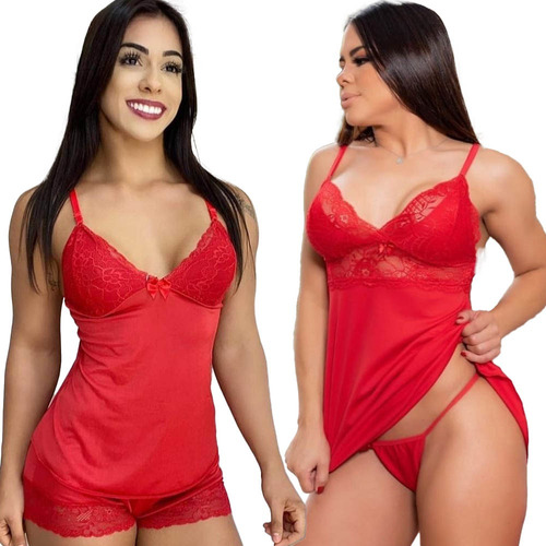 Camisola + Shot Doll Luxo Renda Kit Sexy Roupa Dormir Calor