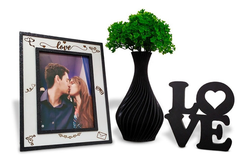 Kit Decoração Sala Rack- Love, Porta Retrato, Vaso E Planta