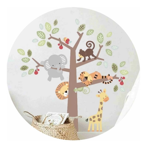 Vinilo Decorativo Infantil Arbol Con Animales Bebe 90x90