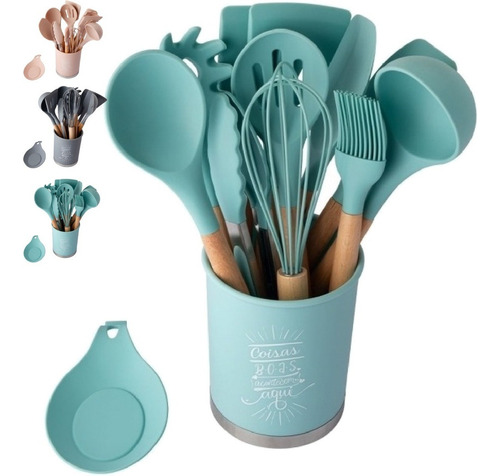 Kit Utensílios De Cozinha Silicone Madeira Suporte 13 Peças Cor Tiffany