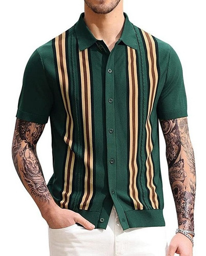 Suéter De Negocios Slim Fit Manga Corta Rayas Verde