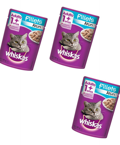 Alimento Para Gato Whiskas Adulto Fillets Atún 85 G 3pzas