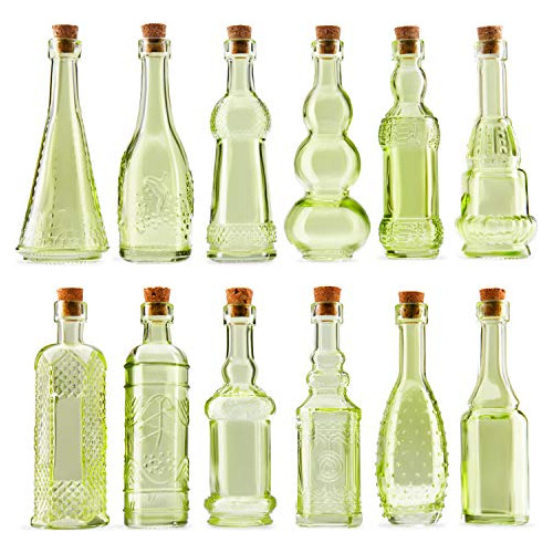 Pequenas Botellas De Vidrio Vintage Verdes Con Corchos, Mini